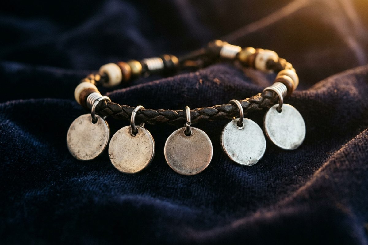 Gelang suvenir dengan beberapa liontin angka di atas kain gelap dengan cahaya keemasan