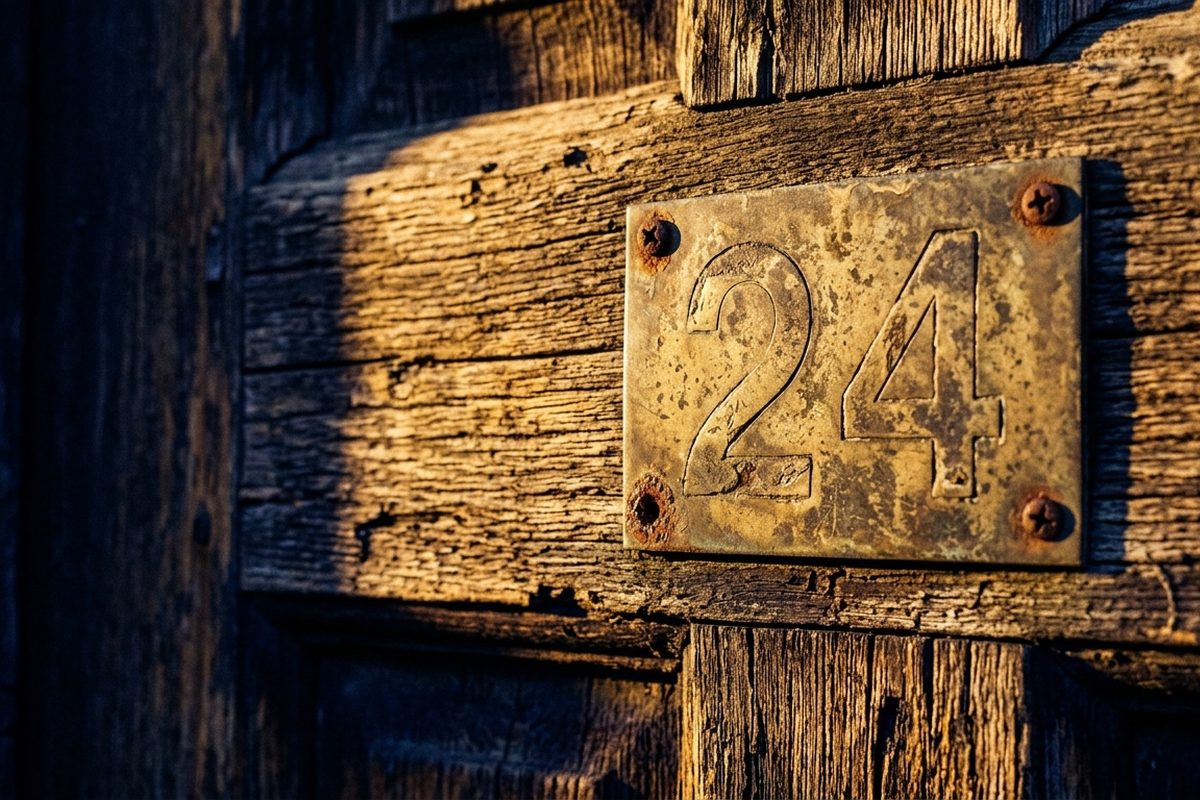 Plat nomor rumah tua terpasang di pintu kayu yang lapuk diselimuti cahaya sore keemasan